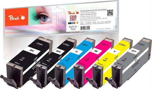 Peach, Peach Spar Pack mit grau Tintenpatronen, kompatibel zu Canon PGI-550, CLI-551, Peach C550 6 Druckerpatronen mit (bk, bkph, gy, c/m/y) ersetzt Canon PGI-550, CLI-551 für z.B. Canon Pixma IP 7250, Canon Pixma IP 8750