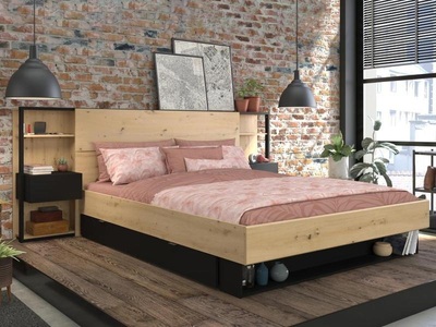 Vente-unique, Bett mit intregierten Nachttischen & Stauraum - 160 x 200 cm - Naturfarben & Schwarz - MISTA Bett mit intregierten Nachttischen & Stauraum - 160 x 200 cm - Naturfarben & Schwarz - MISTA, 