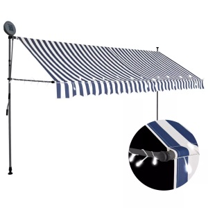 vidaXL, vidaXL Einziehbare Markise Handbetrieben mit LED 350 cm Blau Weiß, vidaXL Einziehbare Markise Handbetrieben mit LED 350 cm Blau und Weiß