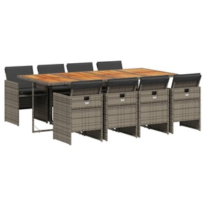 vidaXL, vidaXL 9-tlg. Garten-Essgruppe mit Kissen Grau Poly Rattan