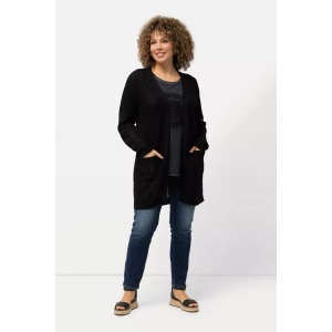 Ulla Popken, Ulla Popken - Long-Strickjacke, Netz-Optik, offene Form, V-Ausschnitt, 54/56, Schwarz, Ulla Popken - Long-Strickjacke, Netz-Optik, offene Form, V-Ausschnitt, 54/56, Schwarz