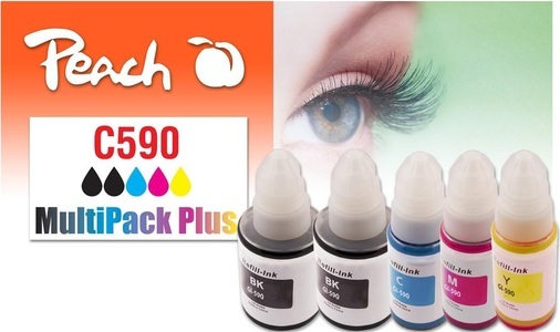 Peach, Peach Spar Pack Plus Tintenpatronen, kompatibel zu GI-590, Peach C590 5 Druckerpatronen (2*bk, c/m/y) ersetzt Canon GI-590 für z.B. Canon Pixma G 1500, Canon Pixma G 2500, Canon Pixma G 3500