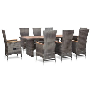 Diverse Hardware, 9-tlg. Garten-Essgruppe mit Auflagen Poly Rattan Grau