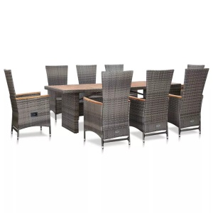 Diverse Hardware, 9-tlg. Garten-Essgruppe mit Auflagen Poly Rattan Grau