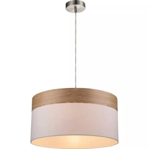 Globo, GLOBO CHIPSY Hängeleuchte nickel matt, Holz braun, Textil beige, D:400, H:1200, exkl., Hängeleuchte Libba mit Dekor in Holzoptik