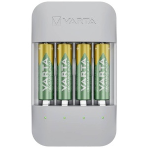 Varta, Varta Eco Charger Pro Rundzellen-Ladegerät NiMH Micro (AAA), Mignon (AA), VARTA Akku Ladegerät Eco Charger Pro Recycled, aus 75% Recyclingmaterial, inkl. USB-Typ-C Ladekabel und 4x AA 2100 mAh NiMH-Akkus
