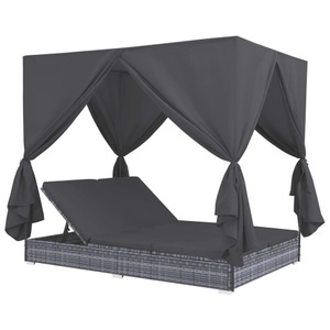 vidaXL, vidaXL Outdoor-Lounge-Bett mit Vorhängen Poly Rattan Grau, vidaXL Outdoor-Lounge-Bett mit Vorhängen Poly Rattan Grau