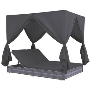 vidaXL, vidaXL Outdoor-Lounge-Bett mit Vorhängen Poly Rattan Grau