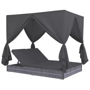 vidaXL, vidaXL Outdoor-Lounge-Bett mit Vorhängen Poly Rattan Grau