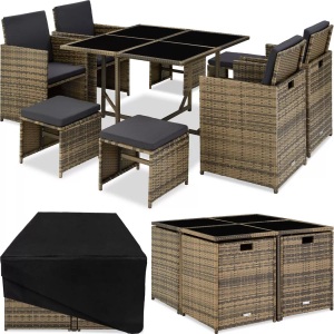 TecTake, Rattan Sitzgruppe Bilbao 4+4+1 mit Schutzhülle Rattan Sitzgruppe Bilbao 4+4+1 mit Schutzhülle, Tectake - Rattan Sitzgruppe Bilbao 4+4+1 mit Schutzhülle, 9 Stück, Beige
