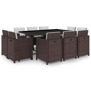 Diverse Hardware, 11-tlg. Garten-Essgruppe mit Auflagen Poly Rattan Braun