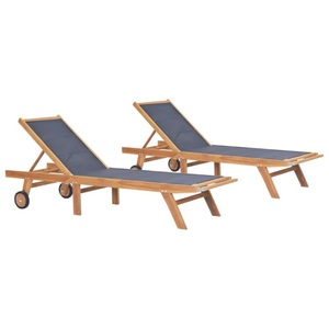 vidaXL, vidaXL Klappbare Sonnenliegen mit Rollen 2 Stk. Teak Massiv Textilene, vidaXL Sonnenliegen Klappbar mit Rollen 2 Stk. Teakholz Textilene
