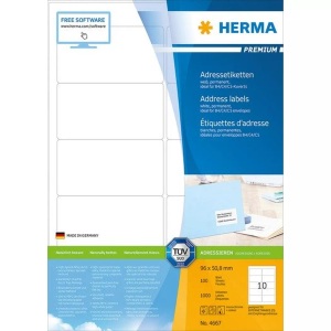 HERMA, HERMA Adressetiketten A4 weiss 96x50,8 mm Papier 1000 St., HERMA Universal-Etiketten Premium, 9.6 x 5.08 cm, 1000 Etiketten