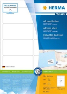 HERMA, HERMA Adressetiketten A4 weiss 96x50,8 mm Papier 1000 St., HERMA Universal-Etiketten Premium, 9.6 x 5.08 cm, 1000 Etiketten