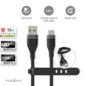USB-Kabel | USB 2.0 | USB-A Stecker | USB-C? Stecker | 15 W | 480 Mbps | Vernickelt | 1,50 m | Rund | Silikon | Schwarz | Box