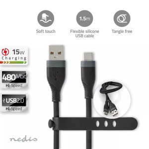 Nedis, USB-Kabel | USB 2.0 | USB-A Stecker | USB-C? Stecker | 15 W | 480 Mbps | Vernickelt | 1,50 m | Rund | Silikon | Schwarz | Box
