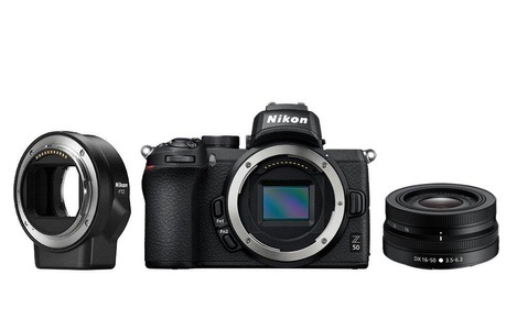 Nikon, Nikon Z 50 Body + Nikkor Z DX 16-50 mm 1:3.5-6.3 VR + Bajonettadapter FTZ - Systemkamera (Fotoauflösung: 20.9 MP) Schwarz, Nikon - Z 50 + 16-50mm FTZ Adapter