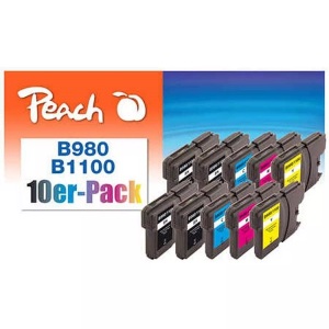 Peach, Peach 10er-Pack Tintenpatronen, XL-Füllung, kompatibel zu Brother LC-1100, LC-980, Peach B980/1100VALBP 10 Druckerpatronen XL (2*bk, bk, c/m/y) ersetzt Brother LC-980/1100VALBP für z.B. Brother DCPJ 715 W, Brother DCP -145 C