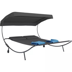VCM, Doppelliege Gartenliege Zweier Sonnenliege Liegestuhl 2 Personen Dach Bindox Doppelliege Gartenliege Zweier Sonnenliege Liegestuhl 2 Personen Dach Bindox, MID.YOU Doppelliege 130/137/200 cm , Bindox , Grau , Metall, Textil , 130x137x200 cm , Räder am Kopfende, Kissen, verstellbares Dach , 000657022104