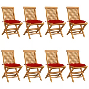 vidaXL, vidaXL Gartenstühle mit Roten Kissen 8 Stk. Massivholz Teak, vidaXL Gartenstühle mit Roten Kissen 8 Stk. Massivholz Teak