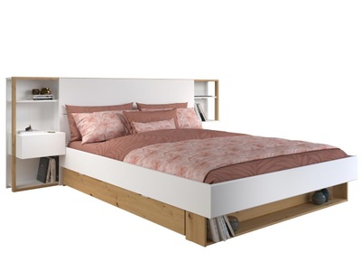 Vente-unique, Bett mit intregierten Nachttischen & Stauraum - 160 x 200 cm - Naturfarben & Weiß - MISTA Bett mit intregierten Nachttischen & Stauraum - 160 x 200 cm - Naturfarben & Weiß - MISTA, 
