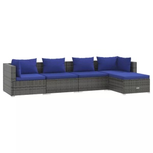 vidaXL, vidaXL 5-tlg. Garten-Lounge-Set mit Kissen Poly Rattan Grau, vidaXL 5-tlg. Garten-Lounge-Set mit Kissen Poly Rattan Grau