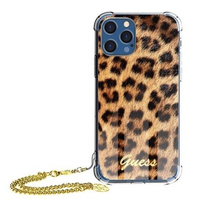 Guess, Guess - iPhone 12 Pro Max Hardcase Hülle Air Cushion Chain Leopard + Trageschlaufe (GUHCP12LKSLEO) - Gold, 