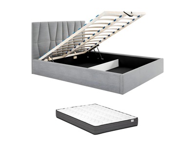 Vente-unique, Polsterbett mit Bettkasten 140 x 190 cm - Stoff - Grau + Matratze - ENIALI Polsterbett mit Bettkasten 140 x 190 cm - Stoff - Grau + Matratze - ENIALI, 