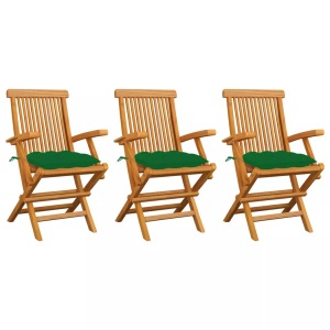 vidaXL, vidaXL Gartenstühle mit Grünen Kissen 3 Stk. Massivholz Teak, vidaXL Gartenstühle mit Grünen Kissen 3 Stk. Massivholz Teak