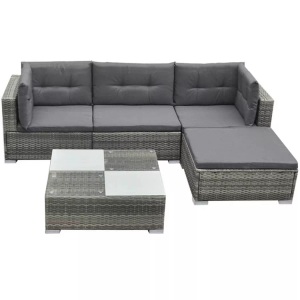 vidaXL, vidaXL 5-tlg. Garten-Lounge-Set mit Kissen Poly Rattan Grau, vidaXL 5-tlg. Garten-Lounge-Set mit Kissen Poly Rattan Grau