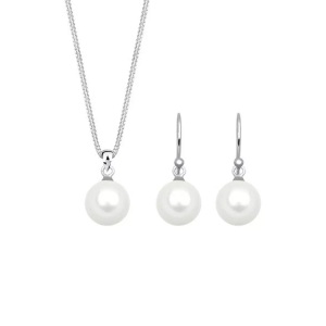 Elli, Schmuckset Muschelkernperle Klassisch Halskette Ohrringe Unisex Silber, Elli - Schmuckset Muschelkernperle Klassisch Halskette Ohrringe, Silber