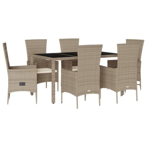 vidaXL, vidaXL 7-tlg. Garten-Essgruppe mit Kissen Beige Poly Rattan, 