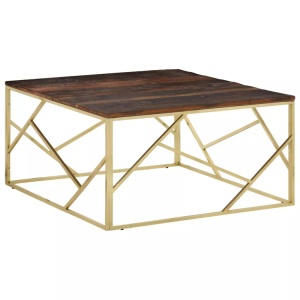 vidaXL, vidaXL Couchtisch Golden Edelstahl und Massive Holzschwellen