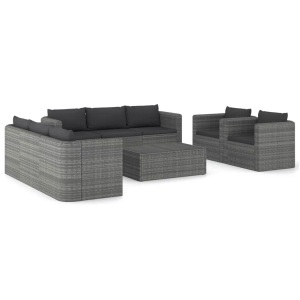 vidaXL, vidaXL 9-tlg. Garten-Lounge-Set mit Kissen Poly Rattan Grau, vidaXL 9-tlg. Garten-Lounge-Set mit Kissen Poly Rattan Grau