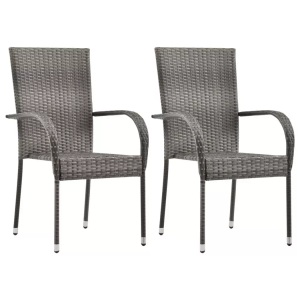 vidaXL, vidaXL Gartenstühle Stapelbar 2 Stk. Grau Poly Rattan, vidaXL Gartenstühle Stapelbar 2 Stk. Grau Poly Rattan