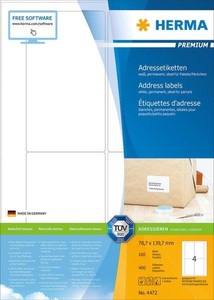 HERMA, HERMA Adressetiketten A4 weiss 78,7x139,7 mm Papier 400 St., Etike.Premium 78.7x139.7 100Bl