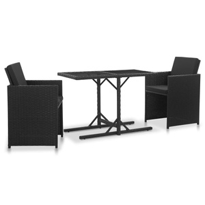 Diverse Hardware, 3-tlg. Garten-Essgruppe mit Auflagen Poly Rattan Schwarz