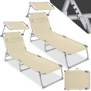 TecTake, 2 Gartenliegen 4-stufig mit Kopfpolster 2 Gartenliegen 4-stufig mit Kopfpolster, Tectake - 2er Set Gartenliege stufenlos verstellbares Sonnendach, 190cm, Beige
