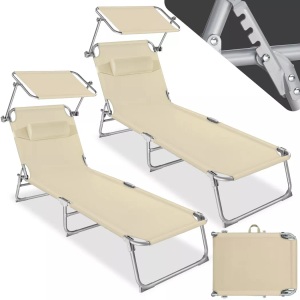 TecTake, 2 Gartenliegen 4-stufig mit Kopfpolster 2 Gartenliegen 4-stufig mit Kopfpolster, Tectake - 2er Set Gartenliege stufenlos verstellbares Sonnendach, 190cm, Beige