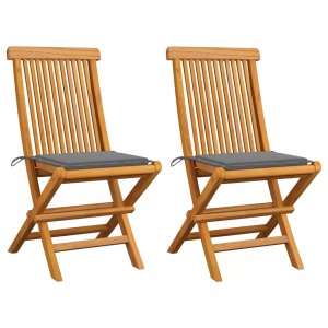 vidaXL, vidaXL Gartenstühle mit Grauen Kissen 2 Stk. Massivholz Teak, vidaXL Gartenstühle mit Grauen Kissen 2 Stk. Massivholz Teak