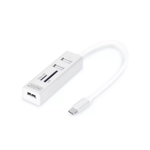 Digitus, Digitus DA-70243 3 Port USB 2.0-Hub mit USB-C Stecker, mit Aluminiumgehäuse, mit OTG-Funktion, mit eingebautem, Digitus DA-70243 3 Port USB 2.0-Hub mit USB-C® Stecker, mit Aluminiumgehäuse, mit OTG-Funktion, mit eingebautem