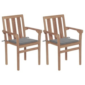 vidaXL, vidaXL Gartenstühle 2 Stk. mit Grauen Kissen Teak Massivholz, vidaXL Gartenstühle 2 Stk. mit Grauen Kissen Teak Massivholz