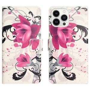 Apple, iPhone 14 Pro - Leder Etui Hülle Lotus Blüte, Apple - iPhone 14 Pro Handyhülle Motiv, Weiss Bunt