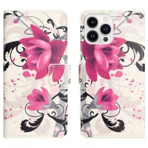Apple, iPhone 14 Pro - Leder Etui Hülle Lotus Blüte, Apple - iPhone 14 Pro Handyhülle Motiv, Weiss Bunt