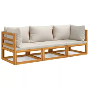 vidaXL, vidaXL 3-tlg. Garten-Lounge-Set mit Hellgrauen Kissen Massivholz