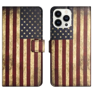 Apple, iPhone 14 Pro - Leder Etui Hülle USA Amerika Flagge, Apple - iPhone 14 Pro Handyhülle Motiv, Multicolor