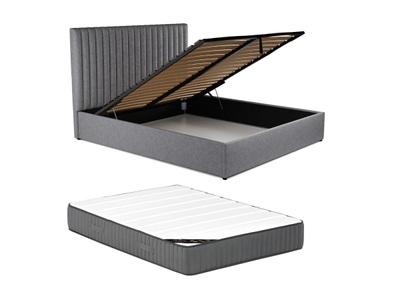 Vente-unique, Bett mit Bettkasten 160 x 200 cm mit Kopfteil mit vertikalen Ziernähten + Matratze - Stoff - Grau - SARAH Bett mit Bettkasten 160 x 200 cm mit Kopfteil mit vertikalen Ziernähten + Matratze - Stoff - Grau - SARAH, 