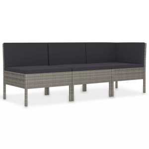 vidaXL, vidaXL 3-tlg. Garten-Lounge-Set mit Auflagen Poly Rattan Grau, vidaXL 3-tlg. Garten-Lounge-Set mit Auflagen Poly Rattan Grau