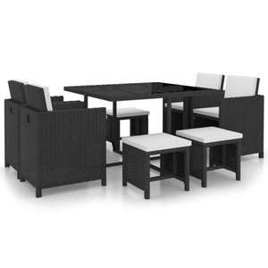 Diverse Hardware, 9-tlg. Garten-Essgruppe mit Auflagen Poly Rattan Schwarz