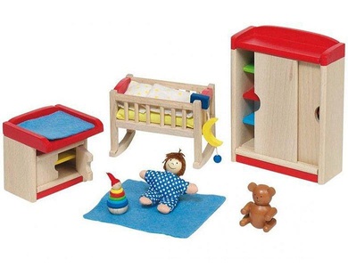 goki, goki Puppenmöbel modernes Kinderzimmer - natur, Puppenhaus-Möbel KINDERZIMMER BABY 12-teilig in bunt